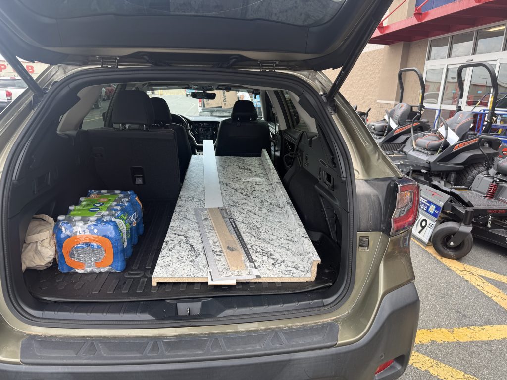 New countertops loaded into the back of Leah's car for the drive home